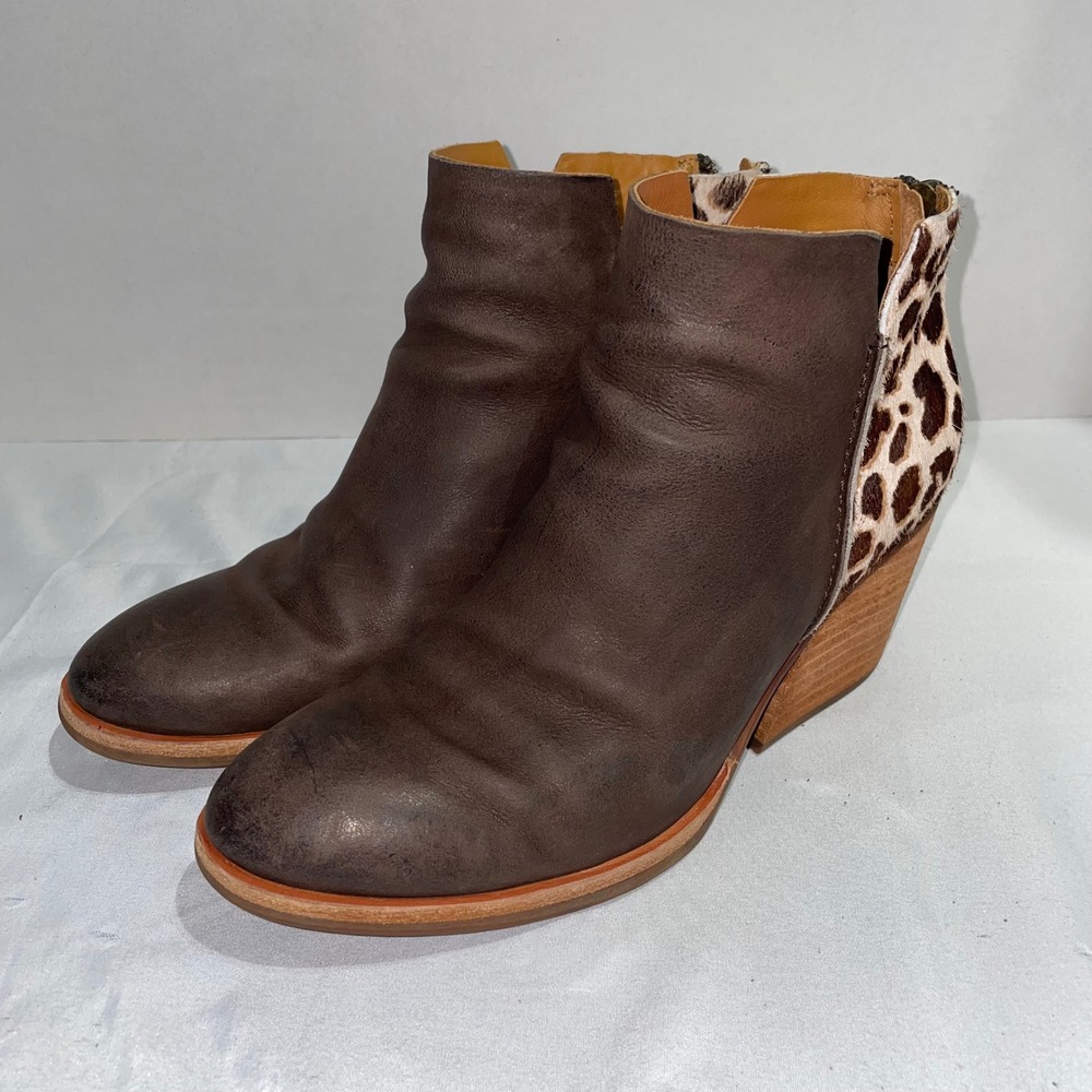 Kork-Ease Brown Leather Leopard Calf Hair Wedge Ankle Booties Size 8.5M